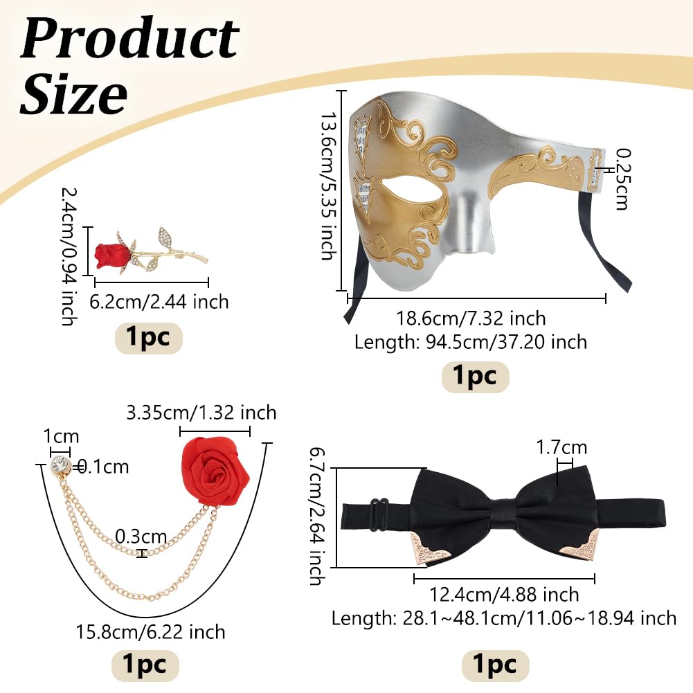 OLYCRAFT Silver and Gold Mens Masquerade Mask Classical Masquerade Mask for Men with 1pc Bowtie and 2pcs Red Rose Brooch Accessories for Halloween Costume Party Mardi Gras Mascarade Ball - Image 2