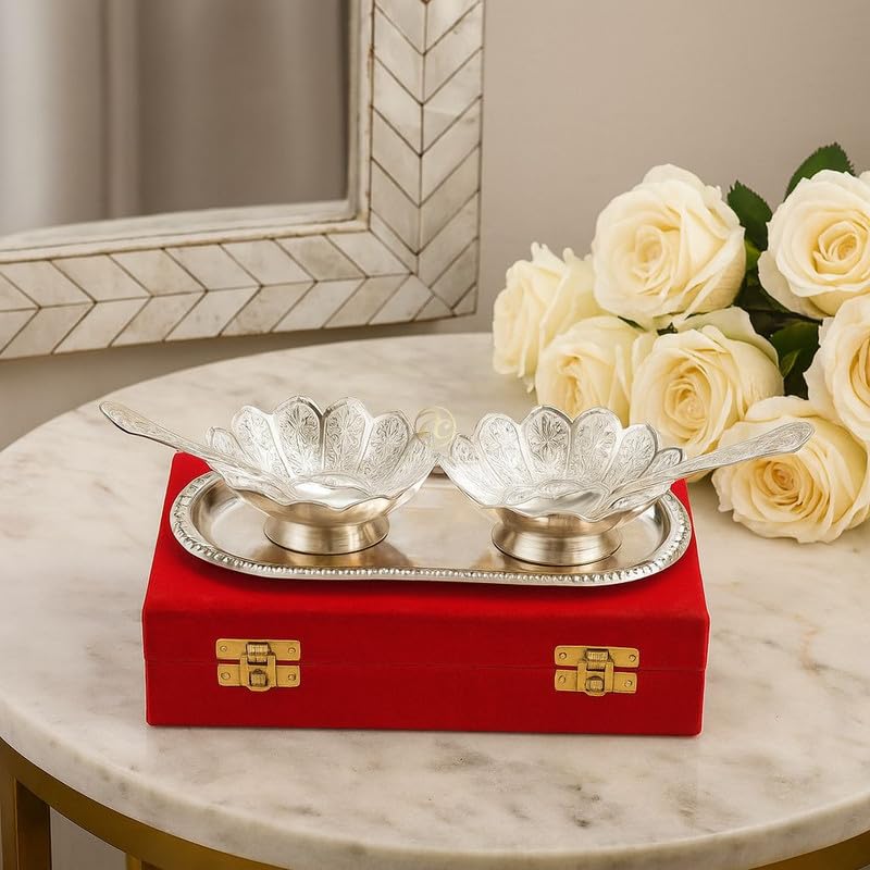 Arrakasta Crafts Kamal Lotus Flower Shape German Silver Bowl and Tray Set with Spoon and Royal Red Velvet Storage Box 5 Pieces Set | Diwali Gift Set |katori Chammach| Serving Bowl | Dry Fruit Bowl