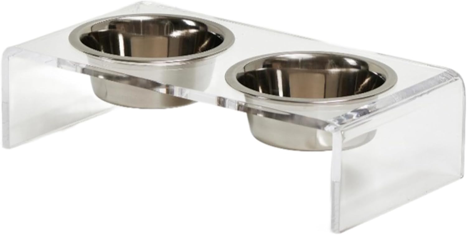 Hiddin Double Elevated Dog Bowl Stand for Small or Medium Dogs, All Breeds, Clear Acrylic 3.5 Inch Raised Dog Bowl Stand with Two Stainless Steel Bowls for Food and Water - 3.5 Cups Each Dish