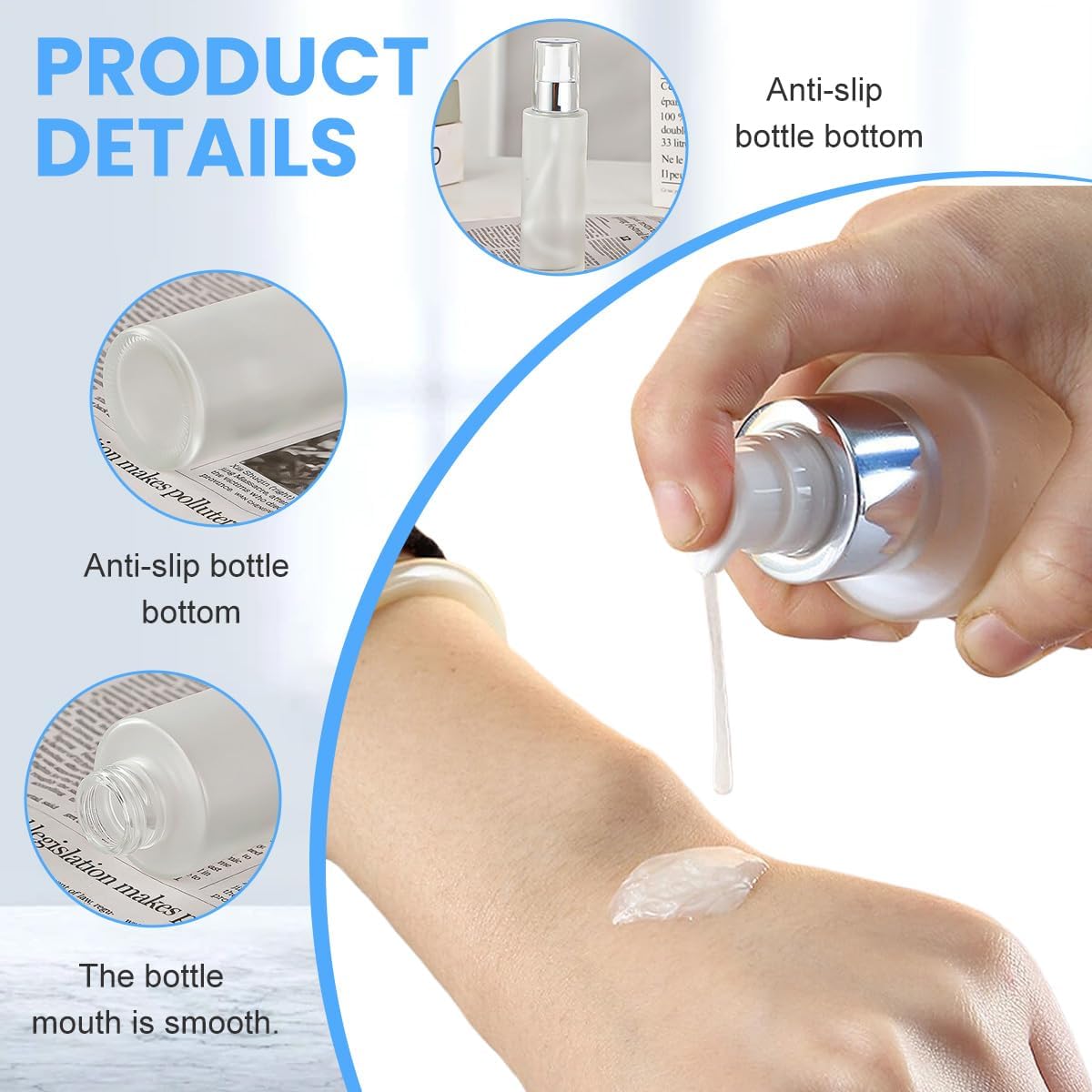 2PCS 120ml/4oz Empty Frosted Glass Lotion Pump Press Bottles Soap Dispensers Refillable Cosmetic Makeup Essence Essential Oil Sample Packing Containers Storage Jars Vials (Silver Head) - Image 3