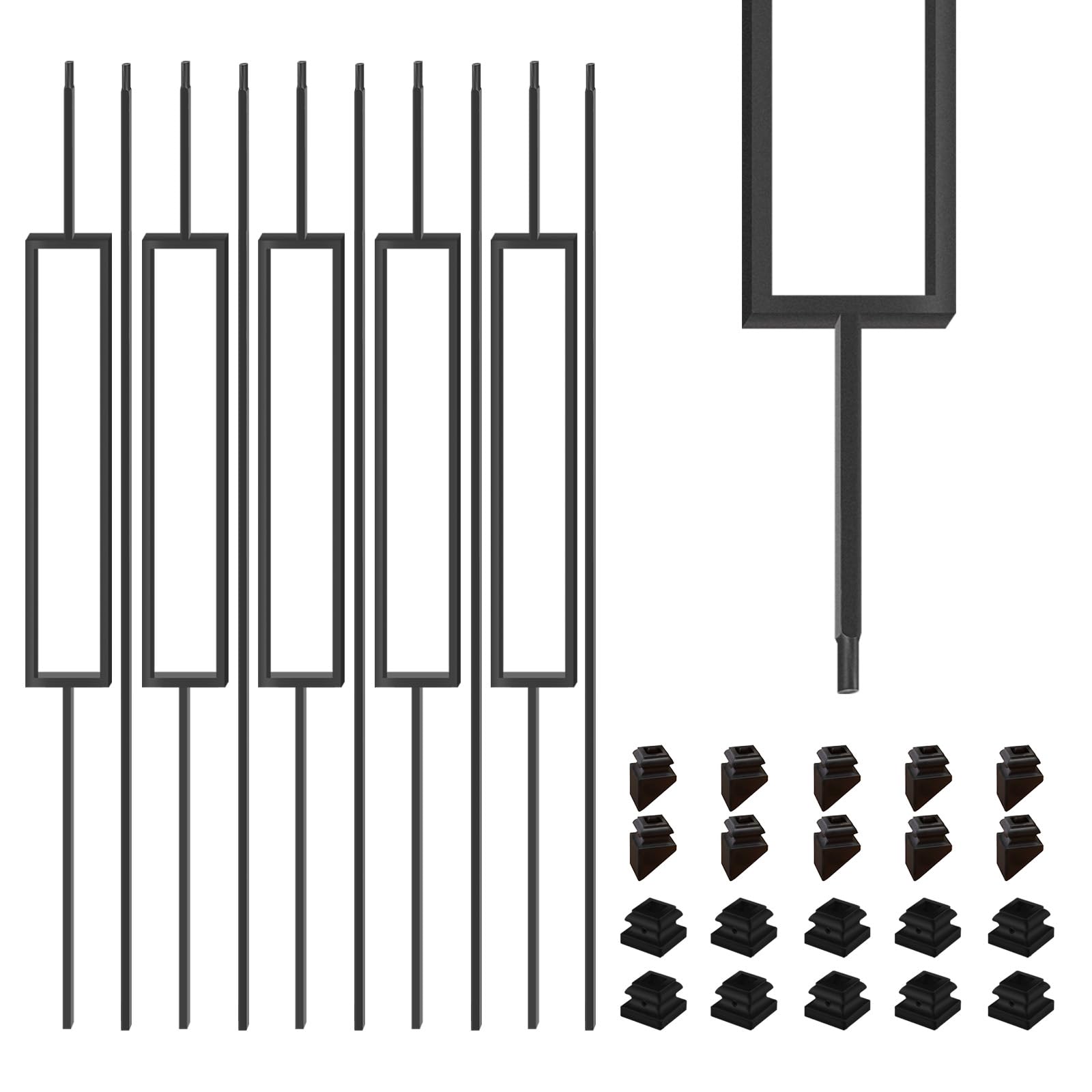 Photo 1 of 1/2 Inch Wrought Iron Rectangular Balusters - Hollow Iron Square Plain Bar Stair Balusters - Metal Spindles for Indoor Staircase with Baluster Shoes, Satin Black (10 Pack)