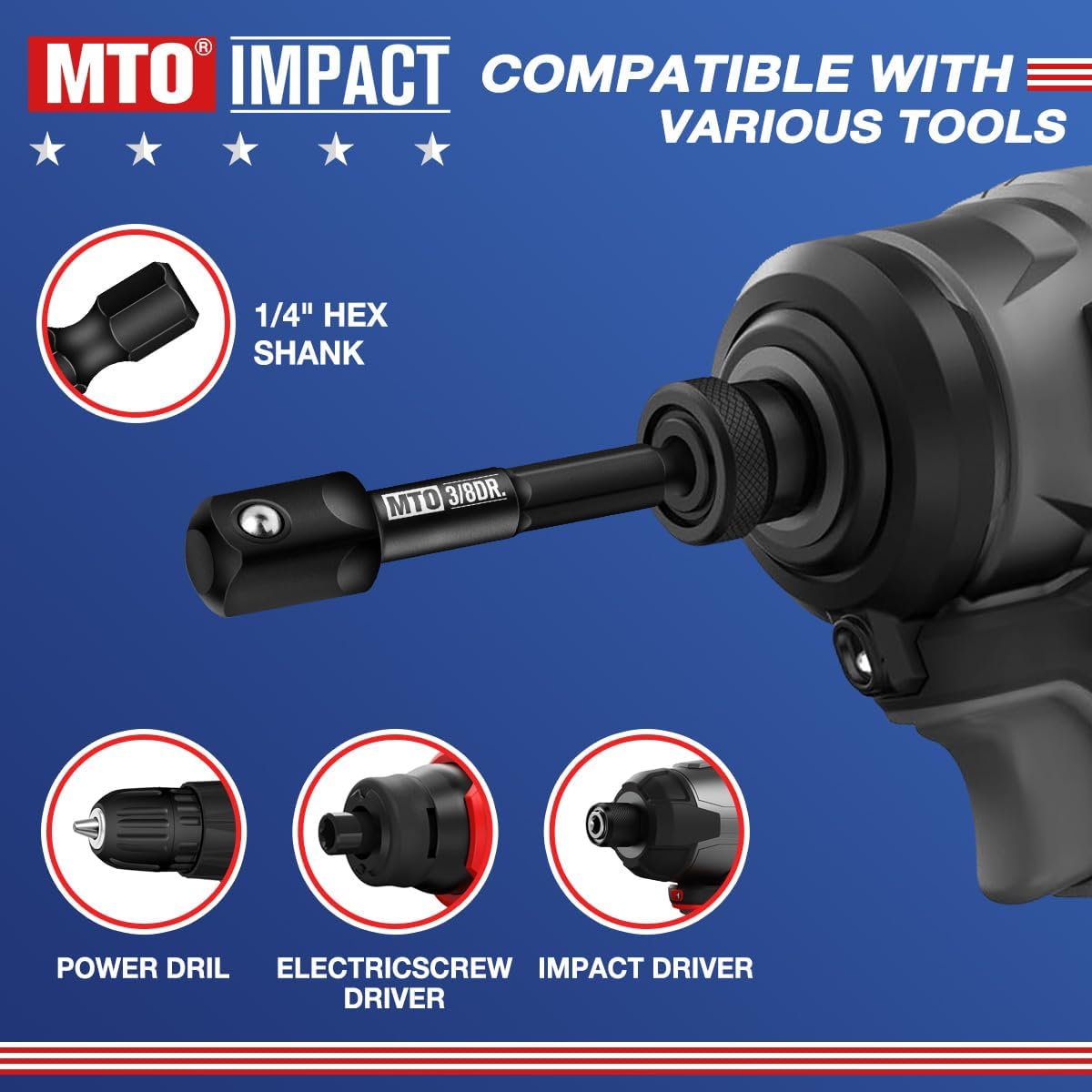 MTO 3/8-Inch Drive Impact Socket Adapter Set 10PCS, 1/4” Hex Shank Drill Wrench Adapter for Automotive & DIY, Power Drill To High Torque Impact Wrench, CR-V Steel - Image 4