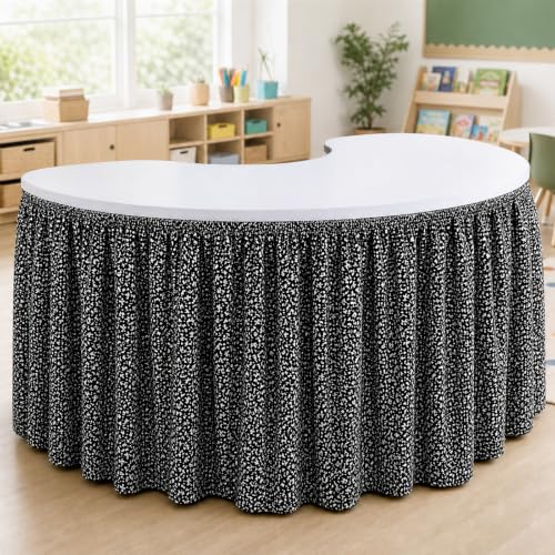 Image of 12FT Black and White Composition Table Skirt Ruffle Teacher Desk Skirts for Classroom Decorations Table Cover Skirt for Kidney Shaped Desk Party Supplies Kindergarten Office Bookcase Cabinet