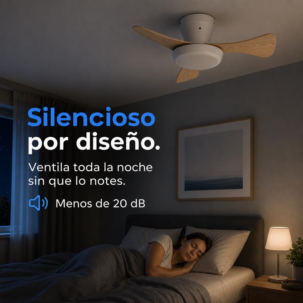 Ventilador de Techo Pequeño con Luz LED Integrada 18W – Ø63,5 cm, 3 Aspas, Luz Regulable 3000K–6500K, 3 Velocidades, Mando a Distancia, Función Memoria y Temporizador, para Habitaciones Pequeñas