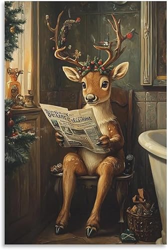 Arte De Pared En Lienzo Vintage De Reno Navideño, Impresiones De Imágenes De Renos, Alces Sentados En El Inodoro, Pintura De Invierno, Póster Para