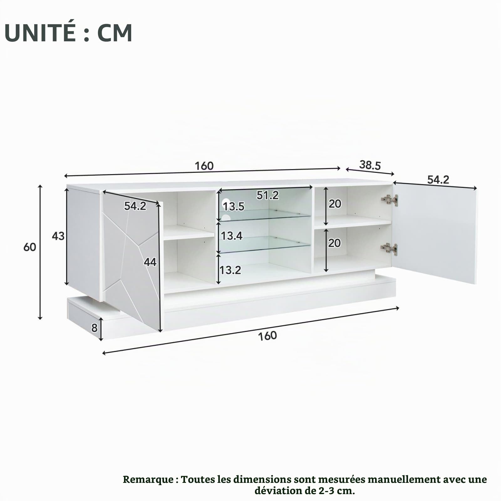 KOMHTOM Meuble TV Moderne avec éclairage LED 16 Couleurs, Meuble télé avec 2 Portes et des séparations réglables, Meuble de Salon avec Rangement (Blanc, 160x38.5x60cm)