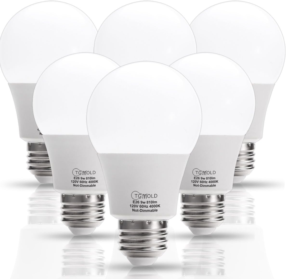 A19 LED Bulb, TGMOLD 9Watt (60W) Equivalent Light Bulb, 4000K Daylight LED Bulb, Medium Screw Base (E26), 810 Lumens LED Lights for Home, 6-PACK (Not Dimmable)
