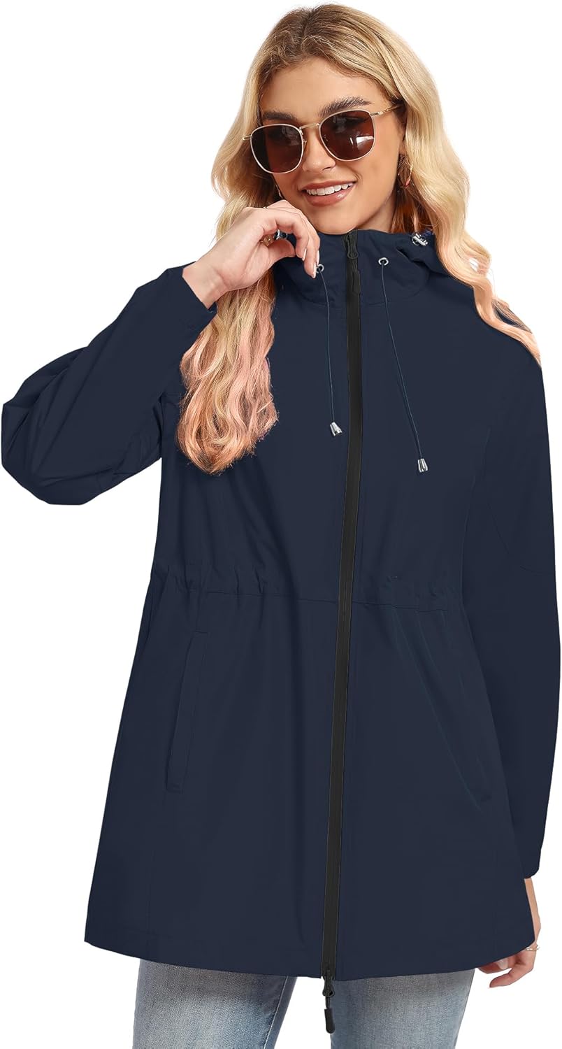 TCOT Rain Jacket Women Lined Raincoat Waterproof Windbreaker Jackets Hooded Raincoats Long Trench Coat - Image 6