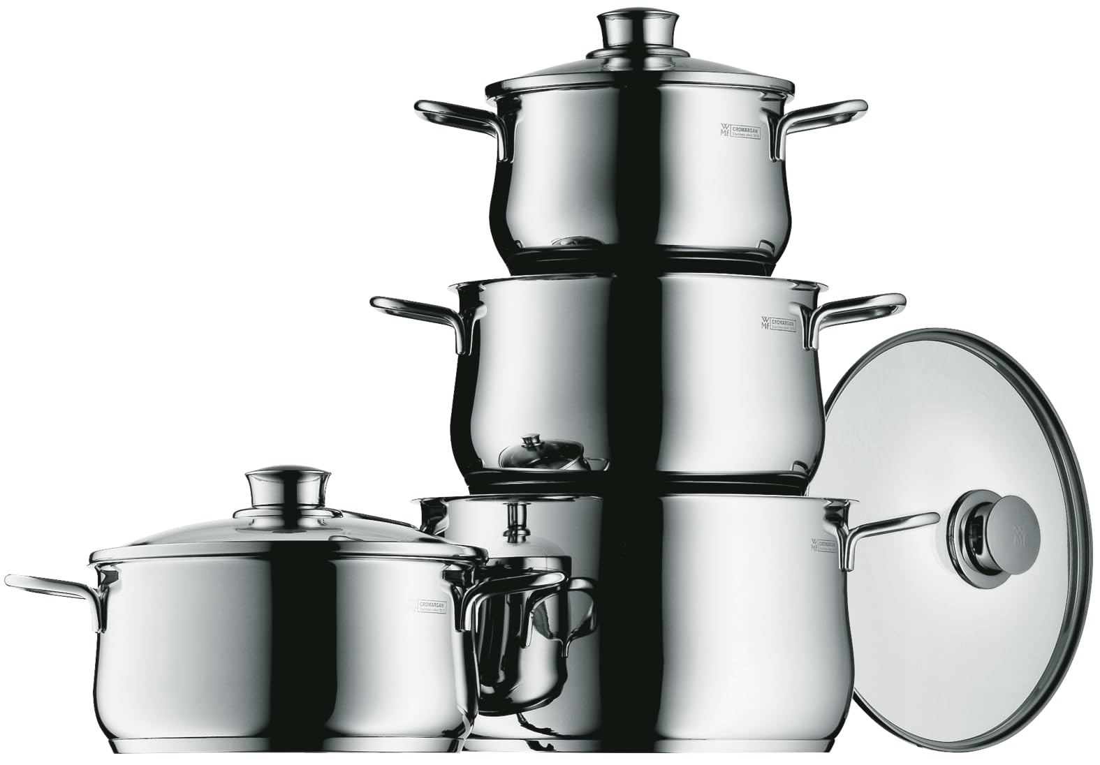 WMF Diadem Plus Topfset Induktion 4-teilig, Kochtopf Set mit Glasdeckel, Cromargan Edelstahl poliert, Induktions Töpfe Set unbeschichtet