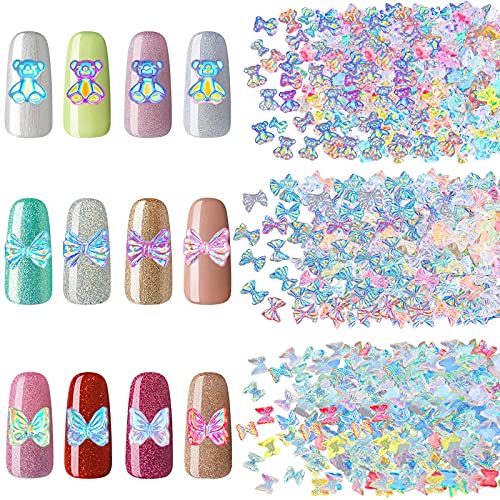 300 Pieces Resin Nail Charms, Includes Resin Bear Nail, 3D Butterfly Nail Charms and Bow Resin Nail Art Decorations Gradient for Nail Art Designs Nail Decoration DIY Crafting Accessories