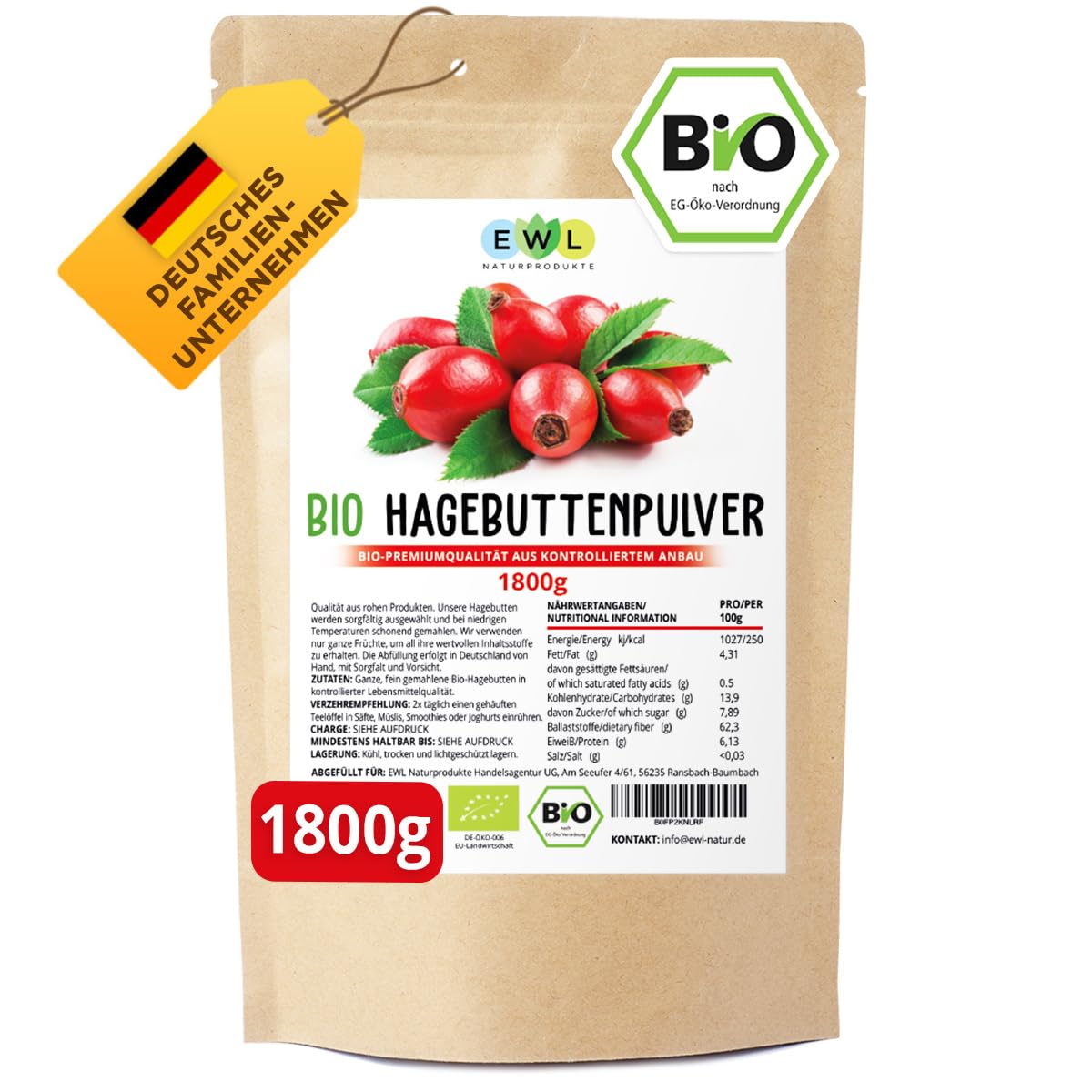 EWL Naturprodukte BIO Hagebuttenpulver 1800 g, Hagebutten Pulver in Rohkostqualität, Hagebuttenpulver Bio aus kontrolliert biologischem Anbau, vegan