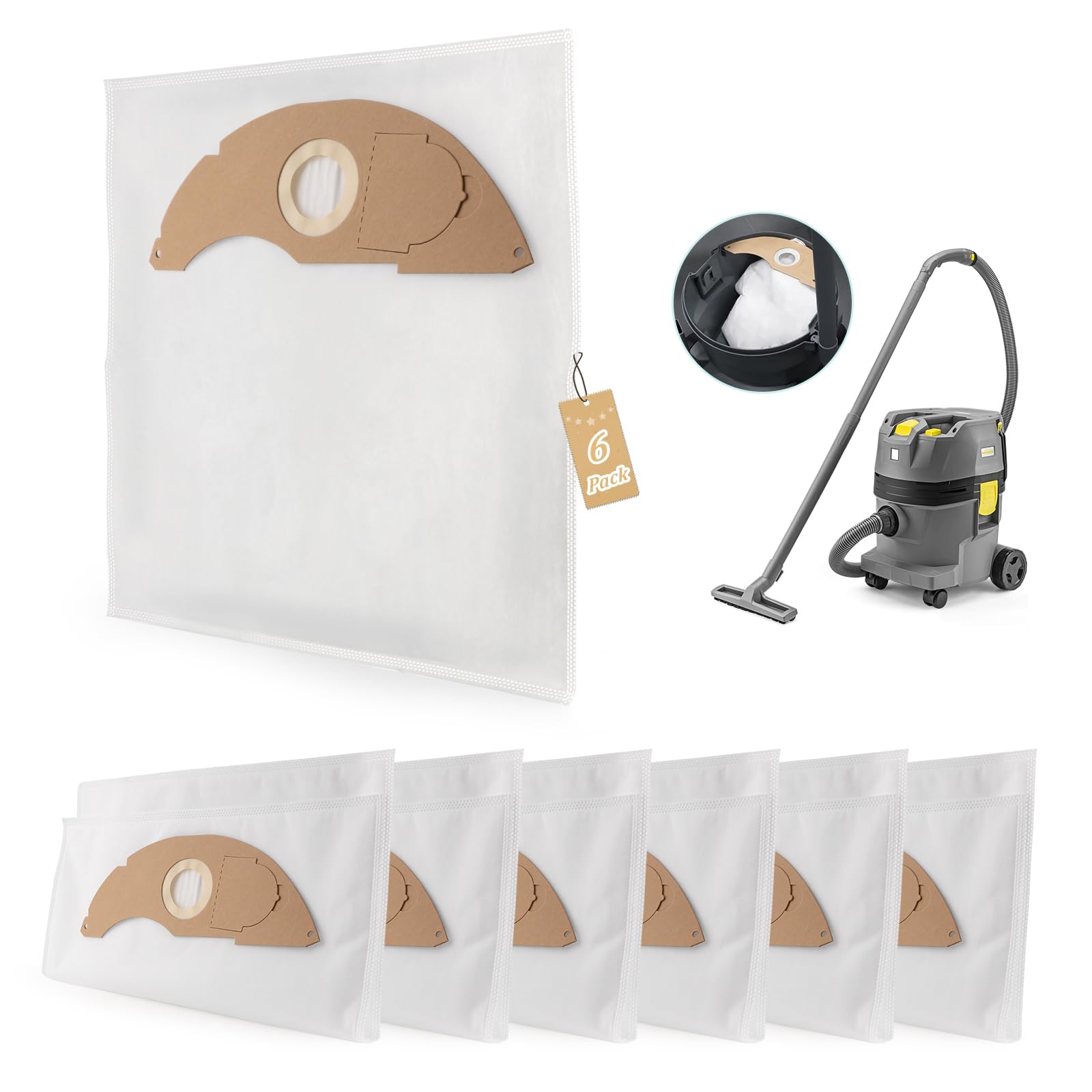 Pack of 6 Bags Compatible with KΓ€rcher NT 22/1 Vacuum Cleaner Bags Replacement for KΓ€rcher NT 22/1 Ap L, NT 22/1 Ap Te L Wet/Dry Vacuum Cleaner Bags Vacuum Cleaner Accessories