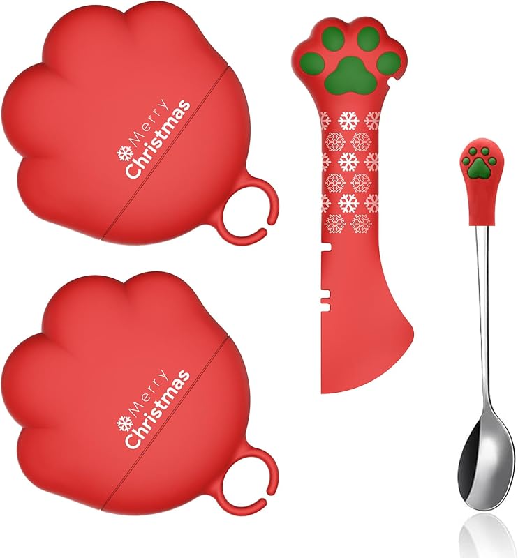 Kit para Latas de Alimento para Gatos SJANE com Tampas de Silicone, Abridor e Colher Inox Christmas Red