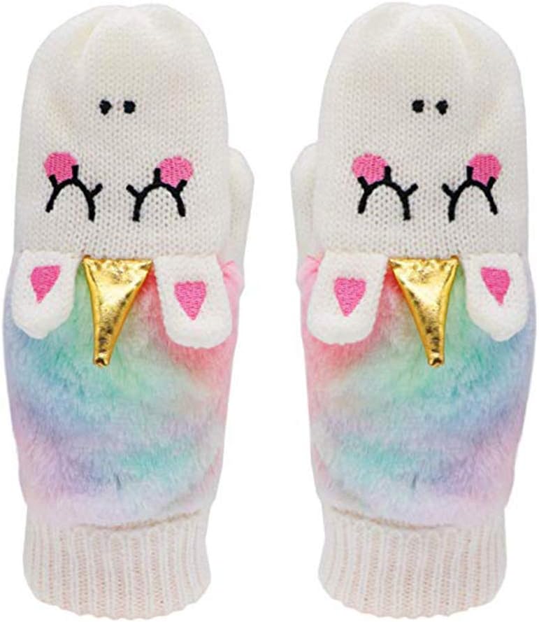 Women Girls Unicorn Mitten Gloves Winter Rainbow Warm Lining Cozy Knit Faux Fur Mitten