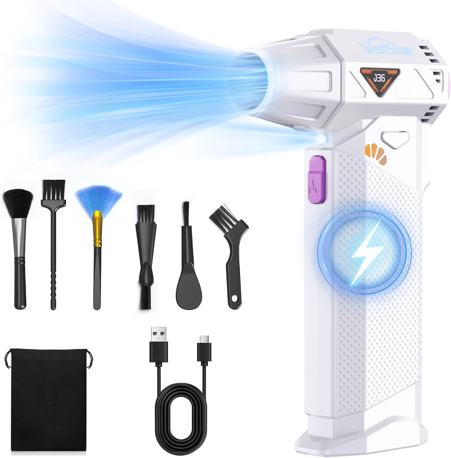 Compressed Air Duster, 210000RPM Mini Electric Air Duster Equipped with Continuously Variable Speed, Cordless Turbo Blower for Keyboard, PC, Car, Home, Outdoor (White)