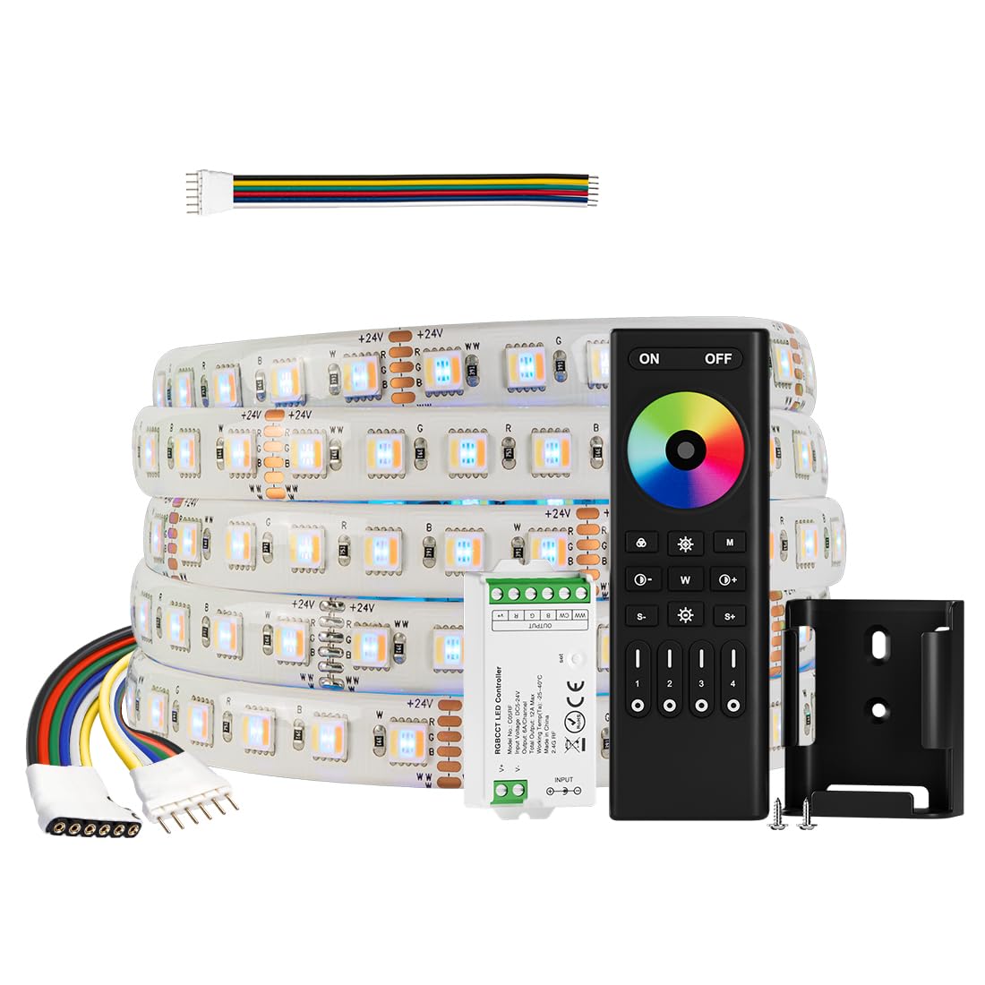 BTF-LIGHTINGRGBCCT 5 Colors in 1 LED 5050SMD RGBWW RGB+Dimmable Color 2700K-6500K 16.4ft 96LEDs/m LED Lights IP65 DC24V, 4 Zones RF 2.4GHz Wireless Remote RC03RFB & C05RF Controller Kit (NO Adapter)