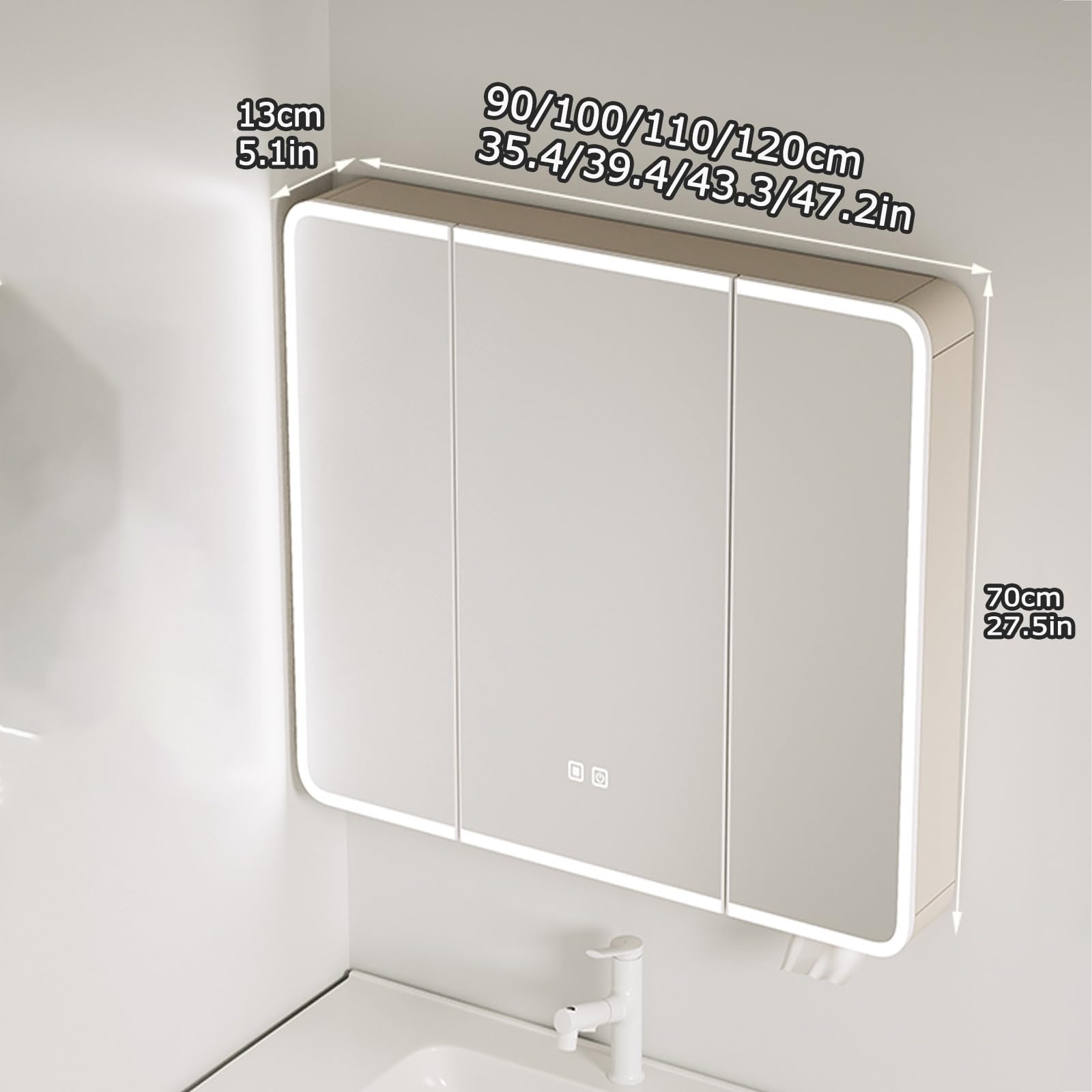 Szafka łazienkowa z lustrem – wielofunkcyjny schowek ze stopu aluminium z odmgławiaczem jednym dotknięciem i oświetleniem przestrzennym (biała 110 x 70 cm)