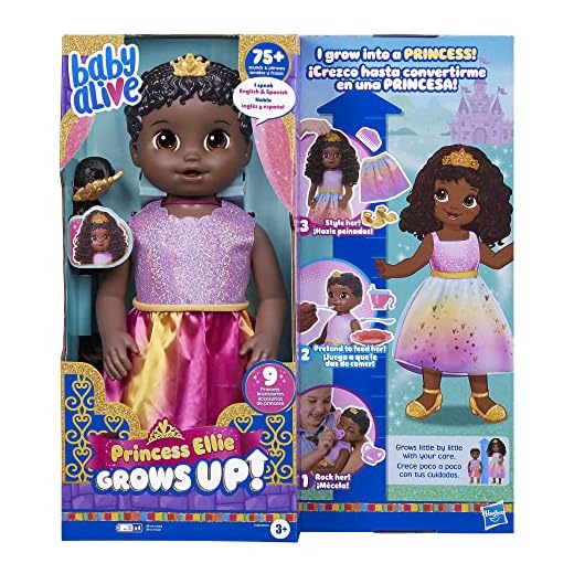 Baby Alive Princess Ellie Grows Up! Black Hair Doll for 3 Year Old Girls and Boys and Up, 18-Inch