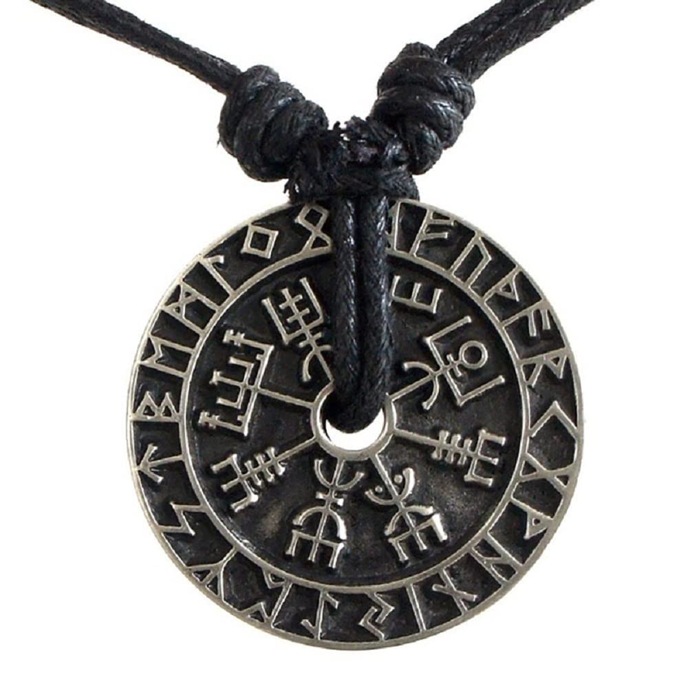 Fuqimanman2020Men's Ancient Viking Symbol Runes Coin Pendant Necklace Guidepost Safe Travel Compass Norse Odin Adjustable Cord Lucky Protection Amulet Talisman Jewelry, Leather rope cord, cord