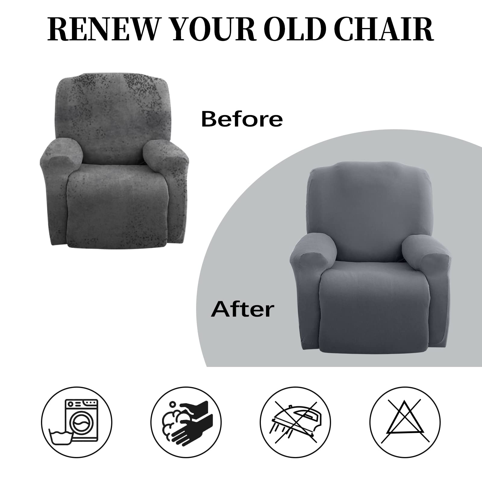 FIGOOO Copripoltrona Relax Reclinabile 1 Posto Elasticizzato Universale con Tasche 4-Pezzi Fodere per Poltrona Relax Lavabile Rimovibile Coprisedile Chivas, Grigio