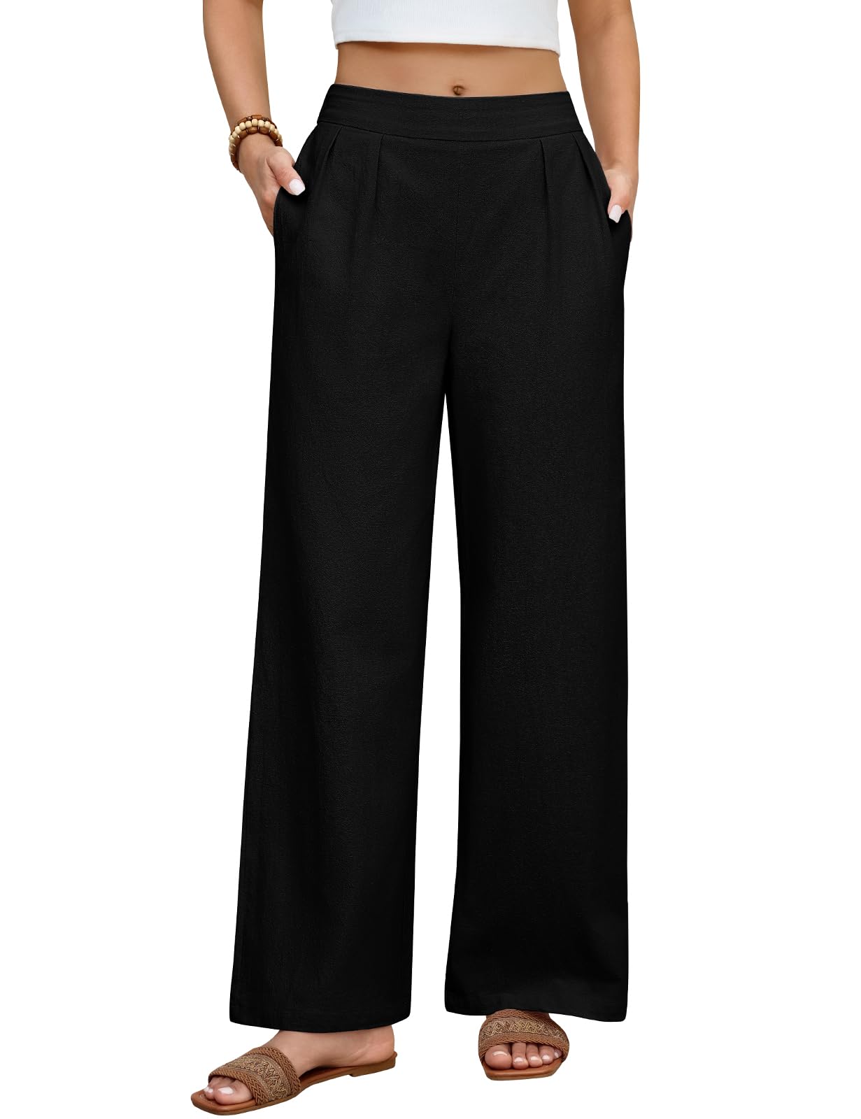 heekpek Damen Hosen Sommer Baumwolle Bequeme Damenhosen Weites Bein High Waist Hose Elegant Leichte Luftig Locker Sommerhose