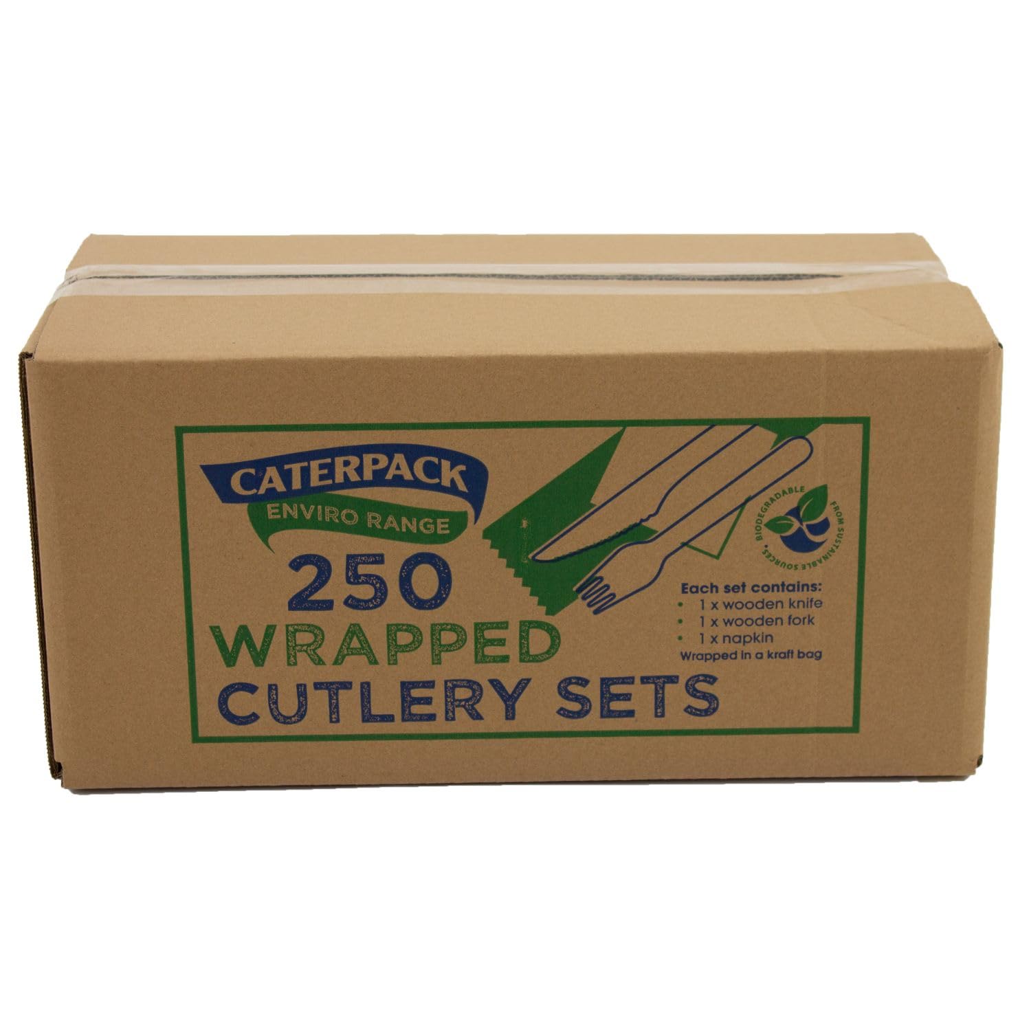 Caterpack Enviro Range Wrapped Cutlery Sets, Made from Sustainably Sourced Birchwood, Compostable and Biodegradable, Each Set Contains Knife, Fork and Napkin, 250 Pack