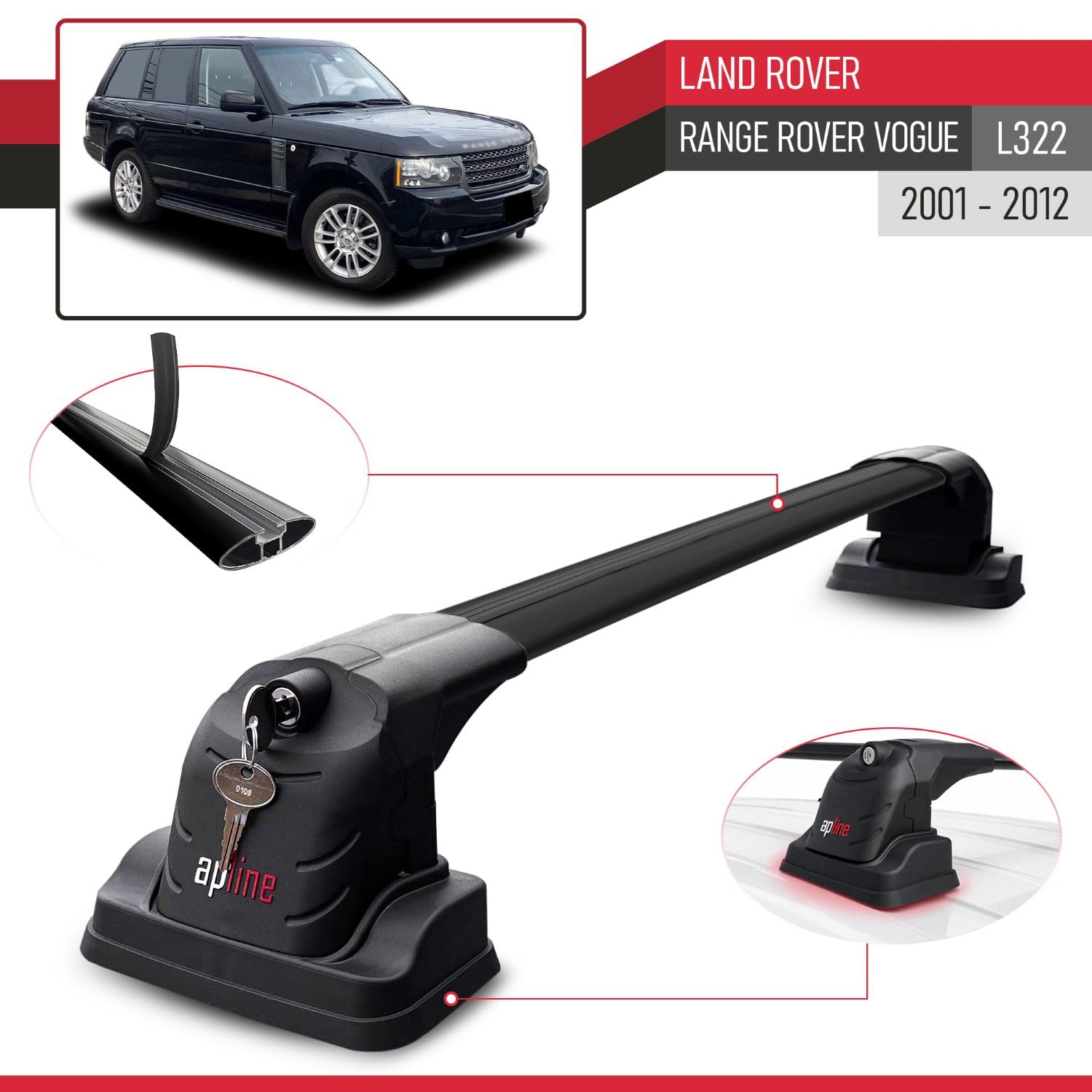 Compatible con Land Rover Range Rover Vogue (L322) 2002-2012 Ace-3 Barras de Techo Auto Portaequipajes Barras Transversales Negro Aluminio 2 Barras