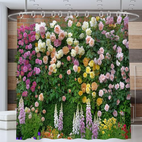 Rideau de douche polyester vert menthe imprimé mur de roses 180x200 - 3
