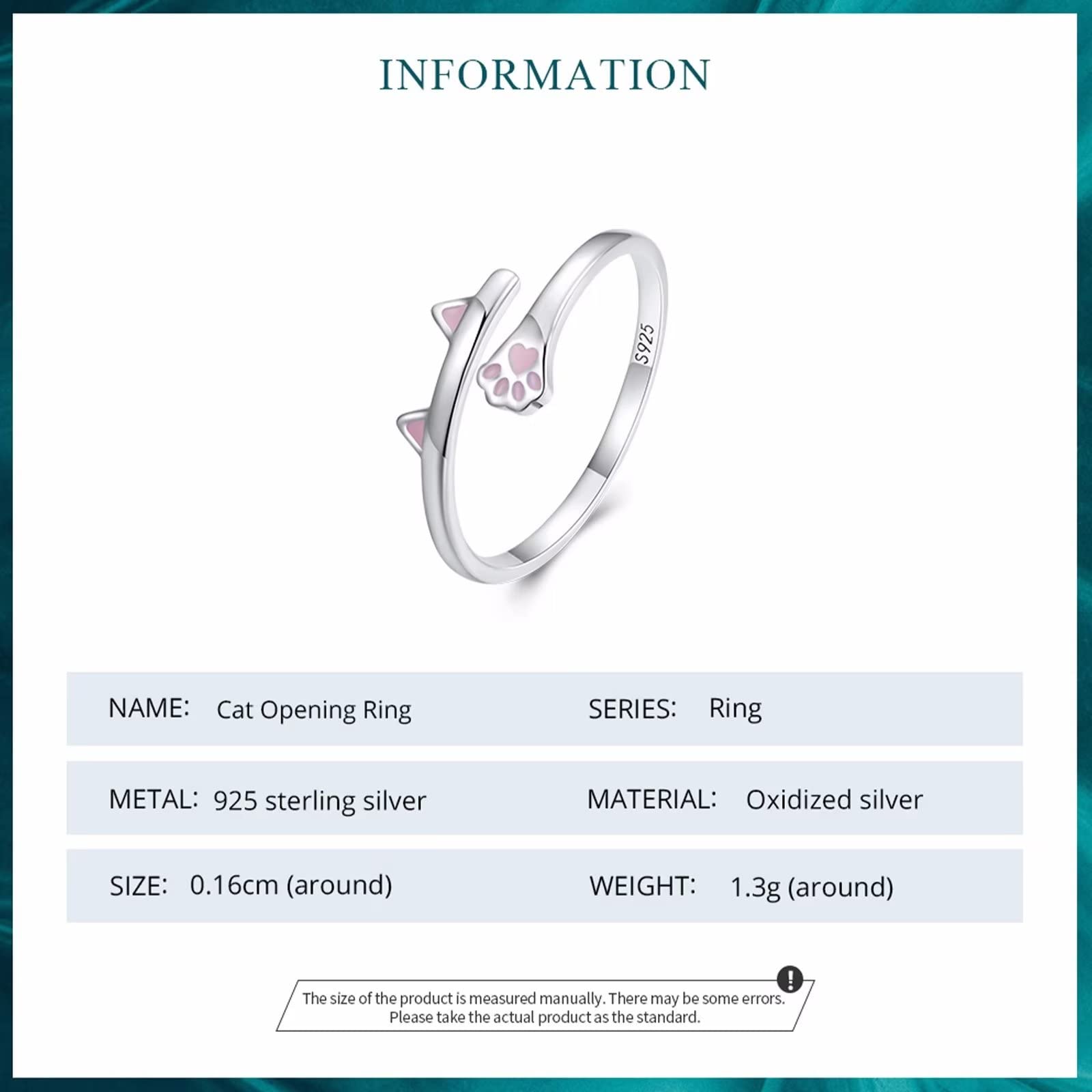 Qings Bague Réglable Chat 925 Sterling Rose émail Bague Animal Argent Simple Mignon Pet Kitty Empilable Déclaration Bagues Bijoux Mode Cadeaux pour Filles Femmes
