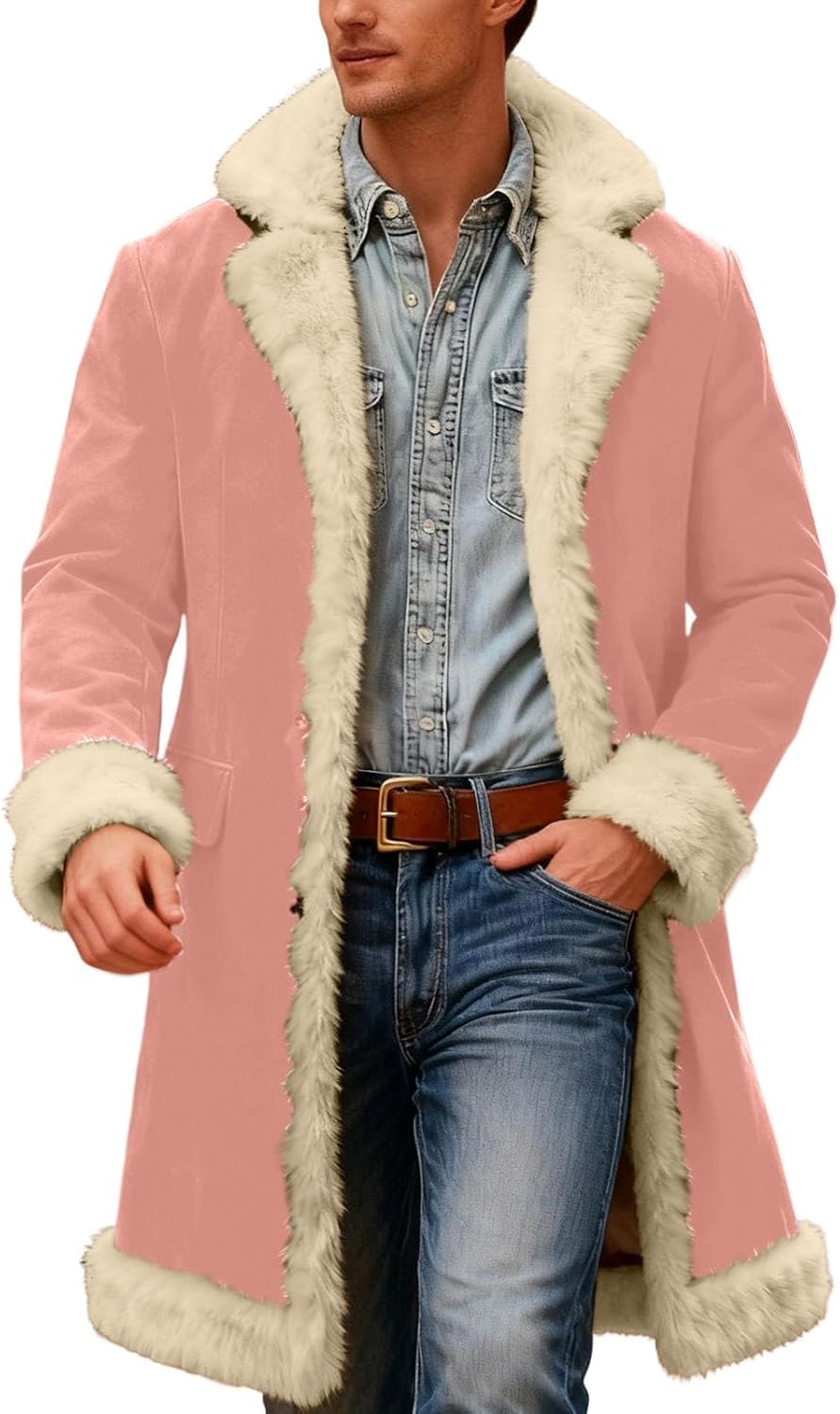 Men's Santa Coat Fleece Lined Long Cardigan Faux Fur Xmas Costume Warm Christmas Jacket With Pockets