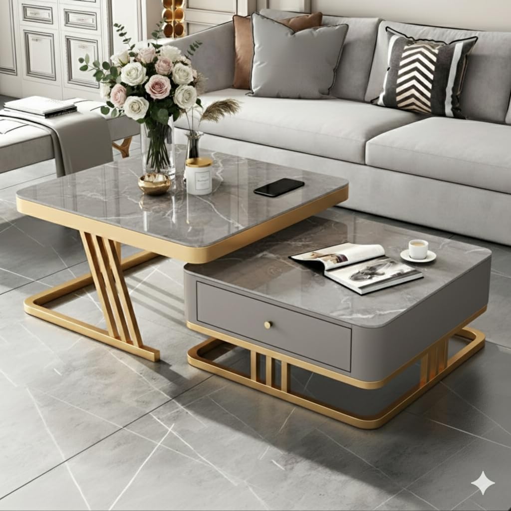 Modern Iron Frame Square Coffee Table with Drawer, 20"x20" Handmade Center Table/Nesting Side Table with Engineered Wood Top for Living Room, Bedroom & Balcony (Golden Grey)-image-19