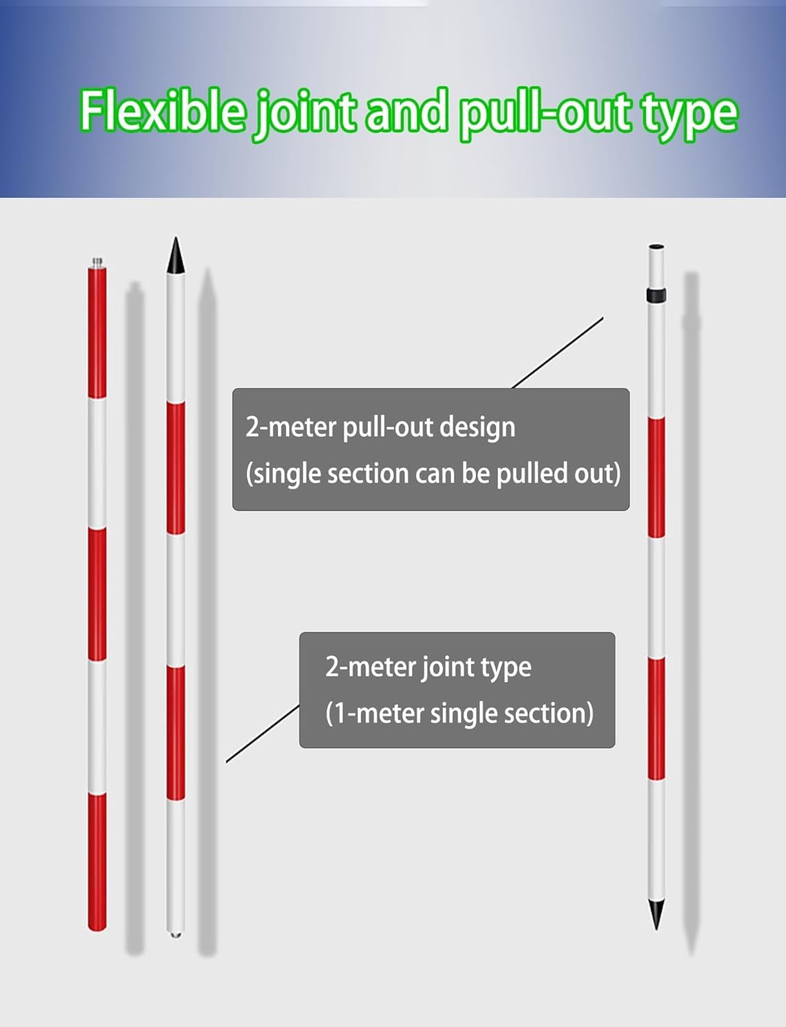 Varilla de topografía de aluminio roja Poste topográfico de aluminio con varilla centrado desmontable, medición engrosada 28 mm, marcas 20 cm alta visibilidad(2 meters (6.56 ft))
