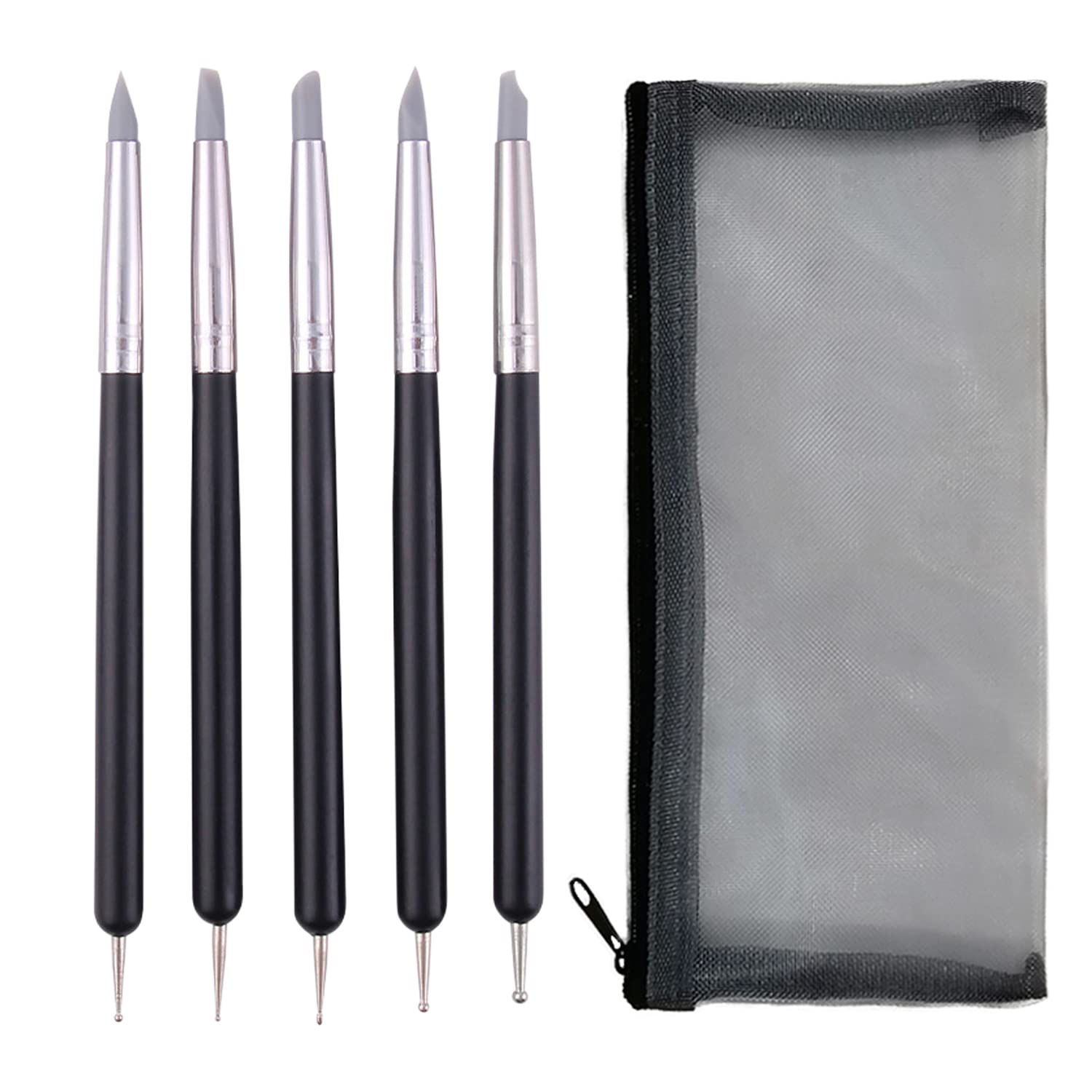 Set di 5 strumenti per scolpire l'argilla con 1 astuccio in rete, strumenti per scolpire l'argilla siliconica a doppia estremità, strumenti per modellare, penne in silicone per ceramica, scultura