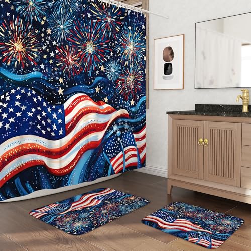 3 cortinas de ducha de fuegos artificiales del 4 de julio de 72 x 72 pulgadas con ganchos, juego de accesorios de baño con dos alfombras de baño antideslizantes y lavables (16 x 24 y 20 x 32