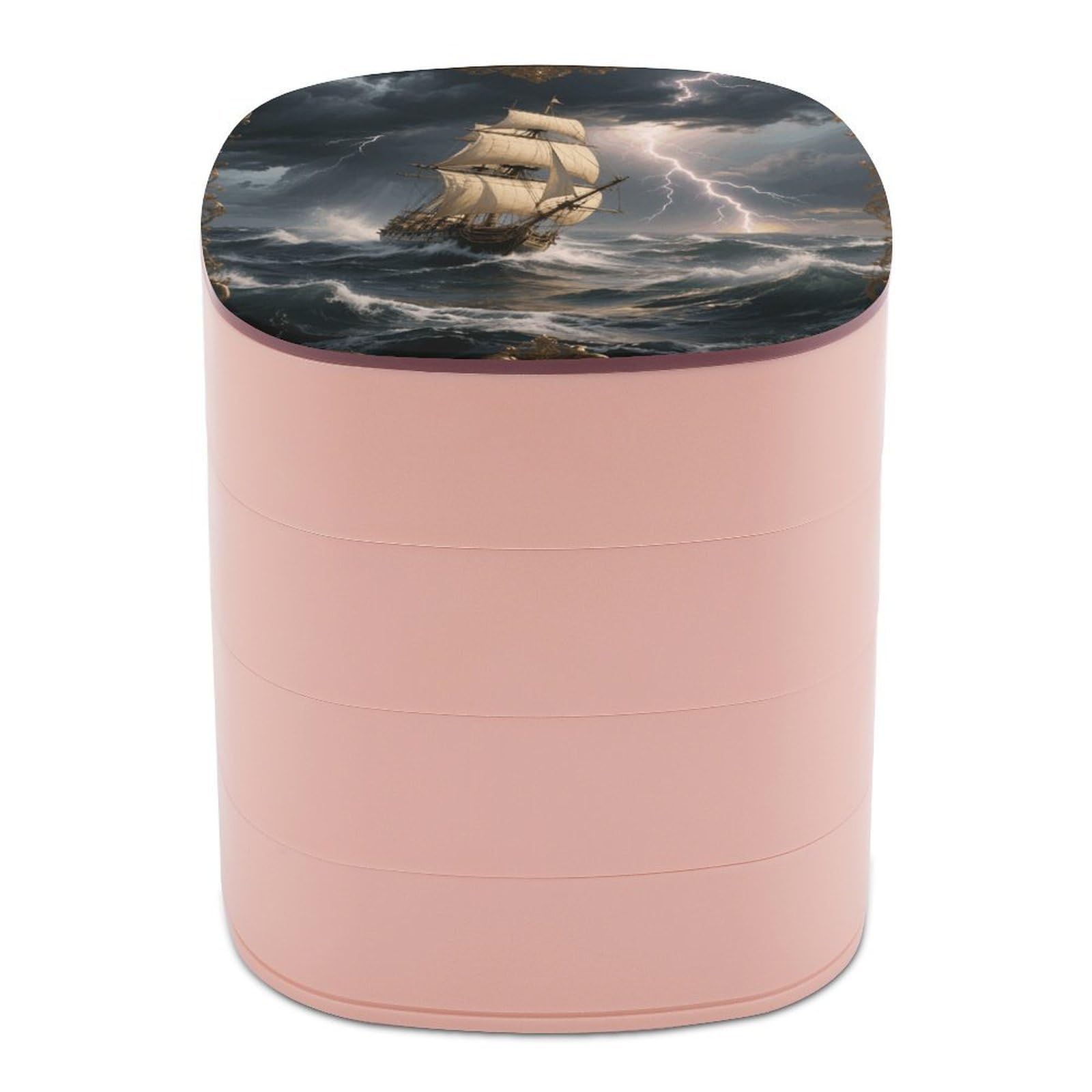 VstaDank Sailing Ship in Stormy Sea Jewelry Case Women Portable Travel Jewelry Box Rotating Jewelry Organizer with Mirror Multi-Layer Necklace Ring Earring Storage Box for Bracelets Rings