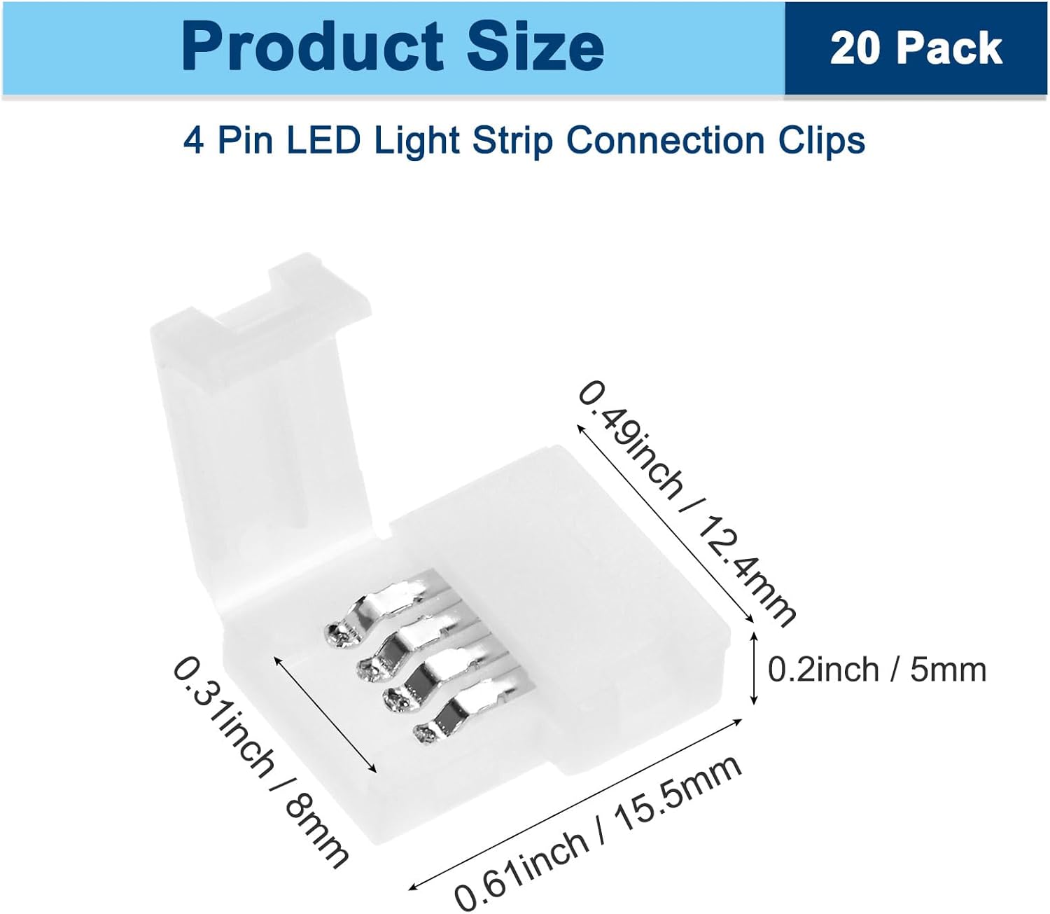 M METERXITY 20-Pack 4-Pin RGB LED Strip Lights Connectors, Solderless and Gapless Adapter Connectors for 8mm 5050 2835 3528 Strip Lights/DIY Lighting, LED Tape Light Clips[White]
