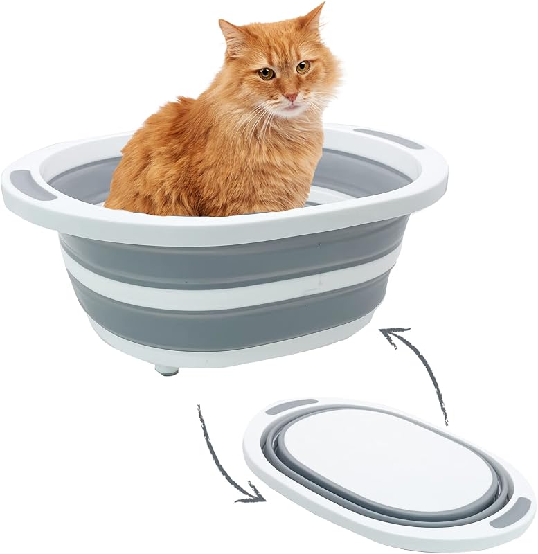 Caixa de Areia Dobrável para Gatos Fhiny com Entrada Baixa em PP Cinza-Branco 40,0 × 32,0 × 14,5 cm