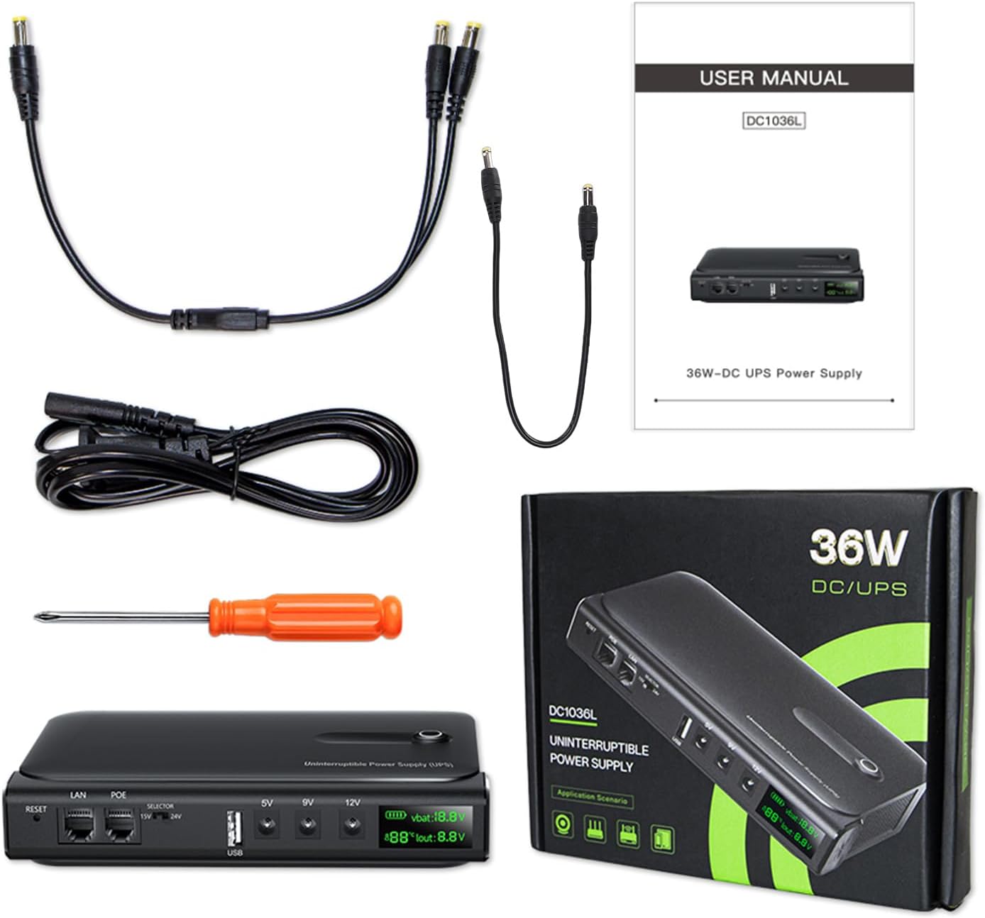 LiebeWH DC Backup Power 36W Uninterrupted Power Supply Unit with LED Display POE Output and Multi Voltage for Home Office Network Devices (US Plug 110V)