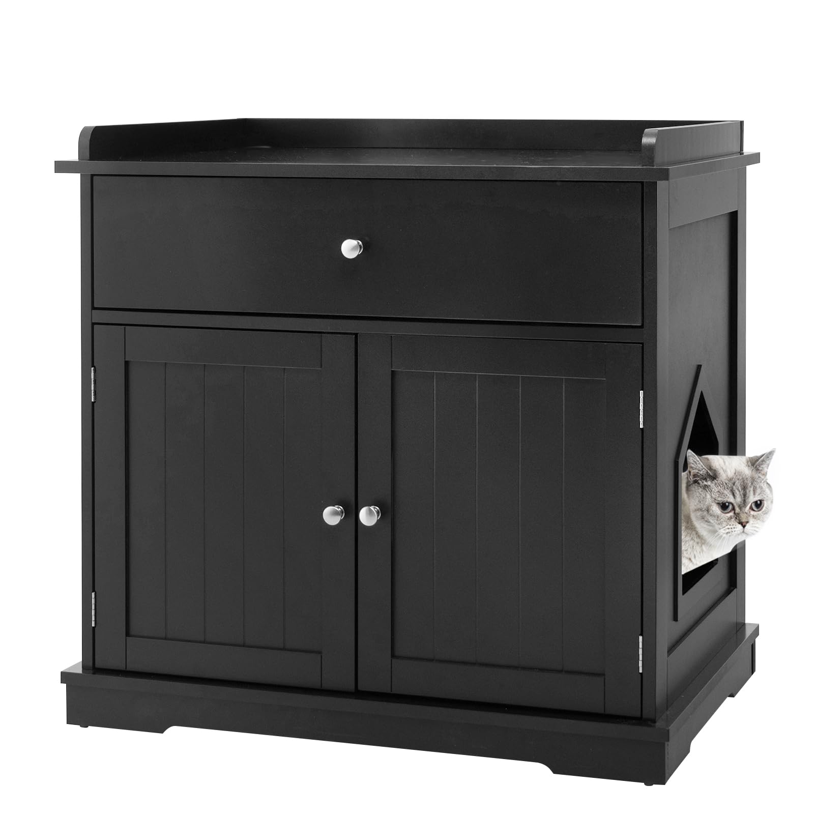 SOARS Maison de Toilette Chat avec 2 Portes et Tiroir, Armoire en Bois pour Chats avec Entrée Latérale, Abri Multifonction pour Salon, Chambre à Coucher et Entrée, 76 x 53 x 74 cm (Noir)