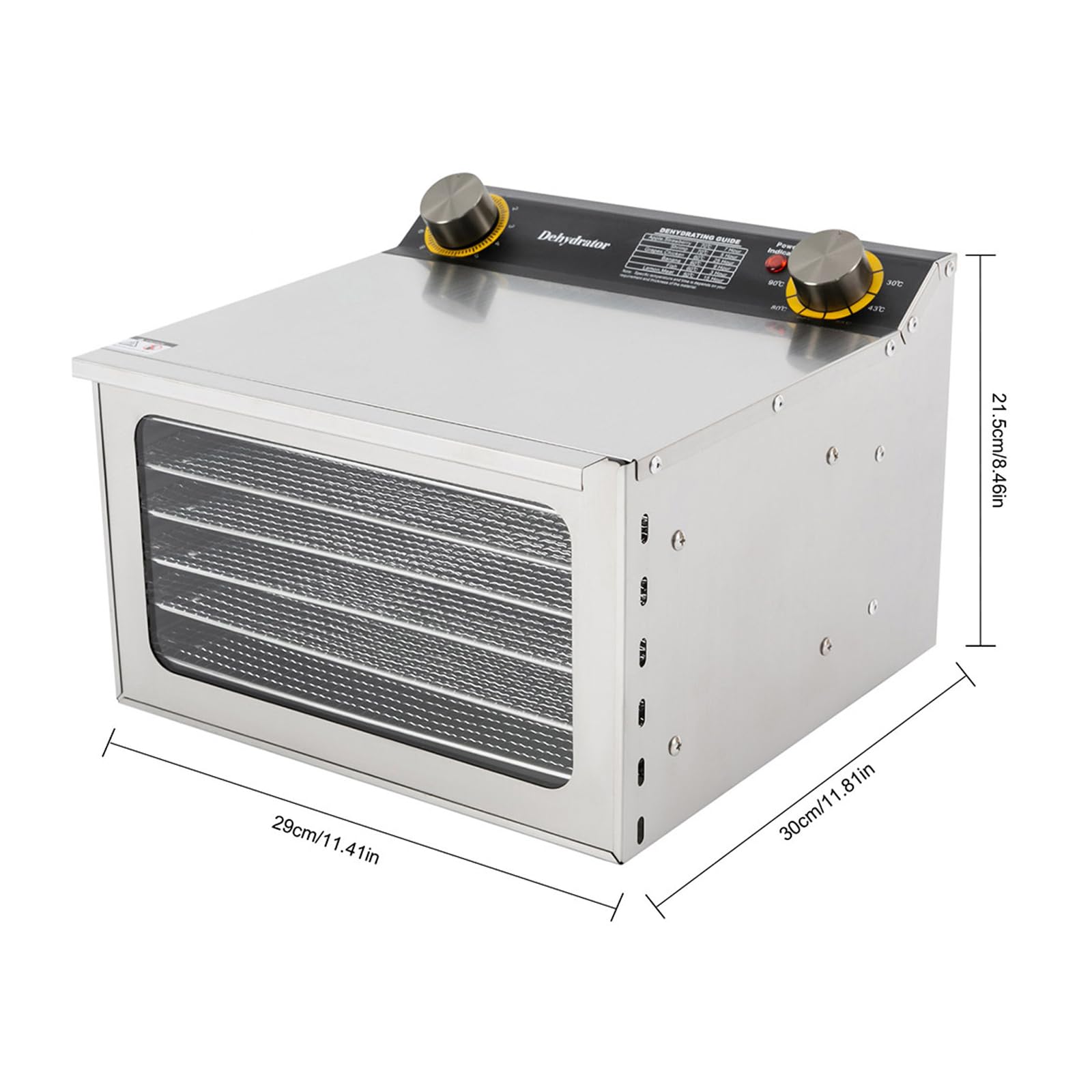 Suszarka ze stali nierdzewnej, z tackami o regulowanej wysokości, wyświetlacz LED, 400 W, 30-90°C, timer 12 h, do żywności, grzybów, owoców, mięsa, ryb, warzyw, bez BPA