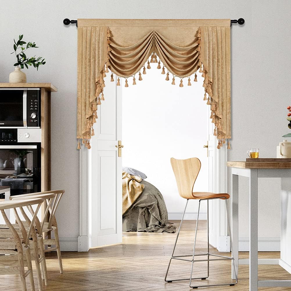 ELKCA Gold Chenille Window Curtains Valance for Living Room Luxury Waterfall Valance for Bedroom, Rod Pocket (W69 Inch, 1 Panel)