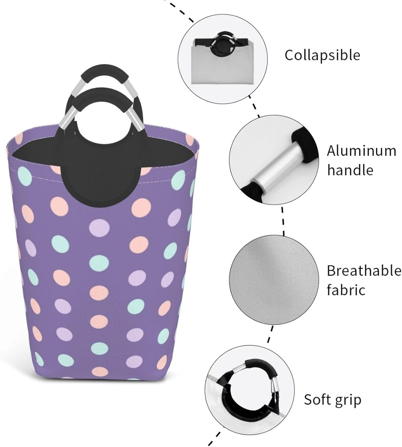 Large Laundry Basket, Purple Colored Polka Dots Laundry Hamper Bag Collapsible Washing Bin With Handles for College Dorm, Family Essentials Storage