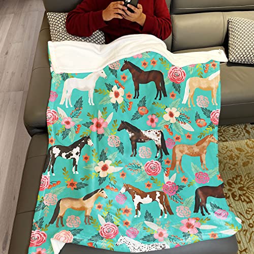 Yisumei Flower Horse Throw Blanket Horse Green With Flowers Fleece Blanket Soft Warm Cozy For Sofa Couch Bed 60"X80" #TOP2