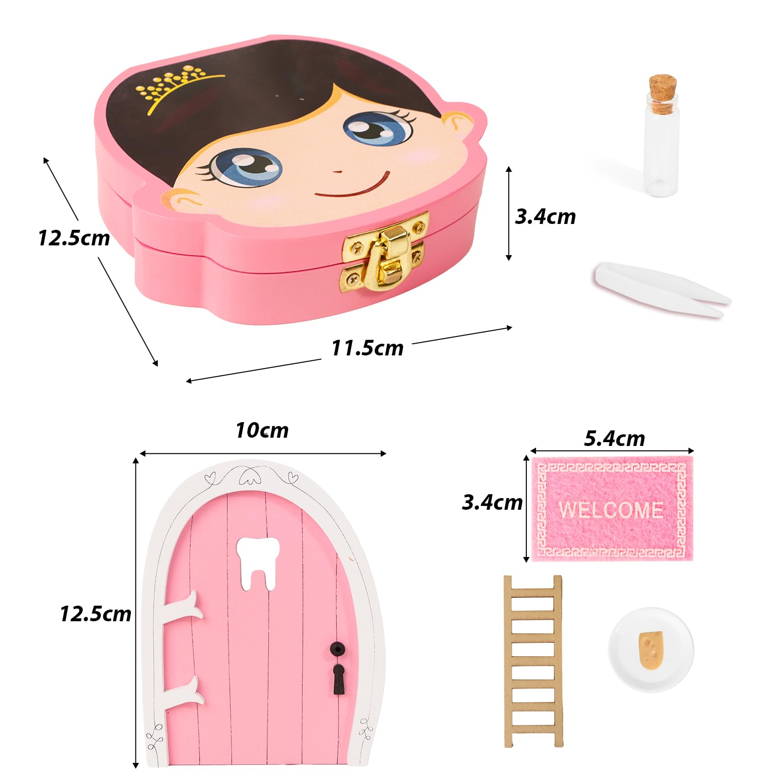 GEBETTER Caja Dientes de Leche Niña en Español + Puerta Pérez Ratoncito, Cajita Madera Guardar Dientes, Pinzas, Botecito, Puerta, Felpudo, Escalera, Queso y Plato, Regalo Niña 5 6 7 8 9 Años (Rosa)