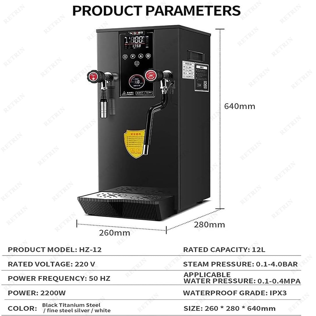 Komercyjny spieniacz do mleka parowego – automatyczny spieniacz do mleka 2200 W ze zbiornikiem 12 l, podwójne zawory 360°, wyświetlacz LED do kawiarni i sklepów z herbatą