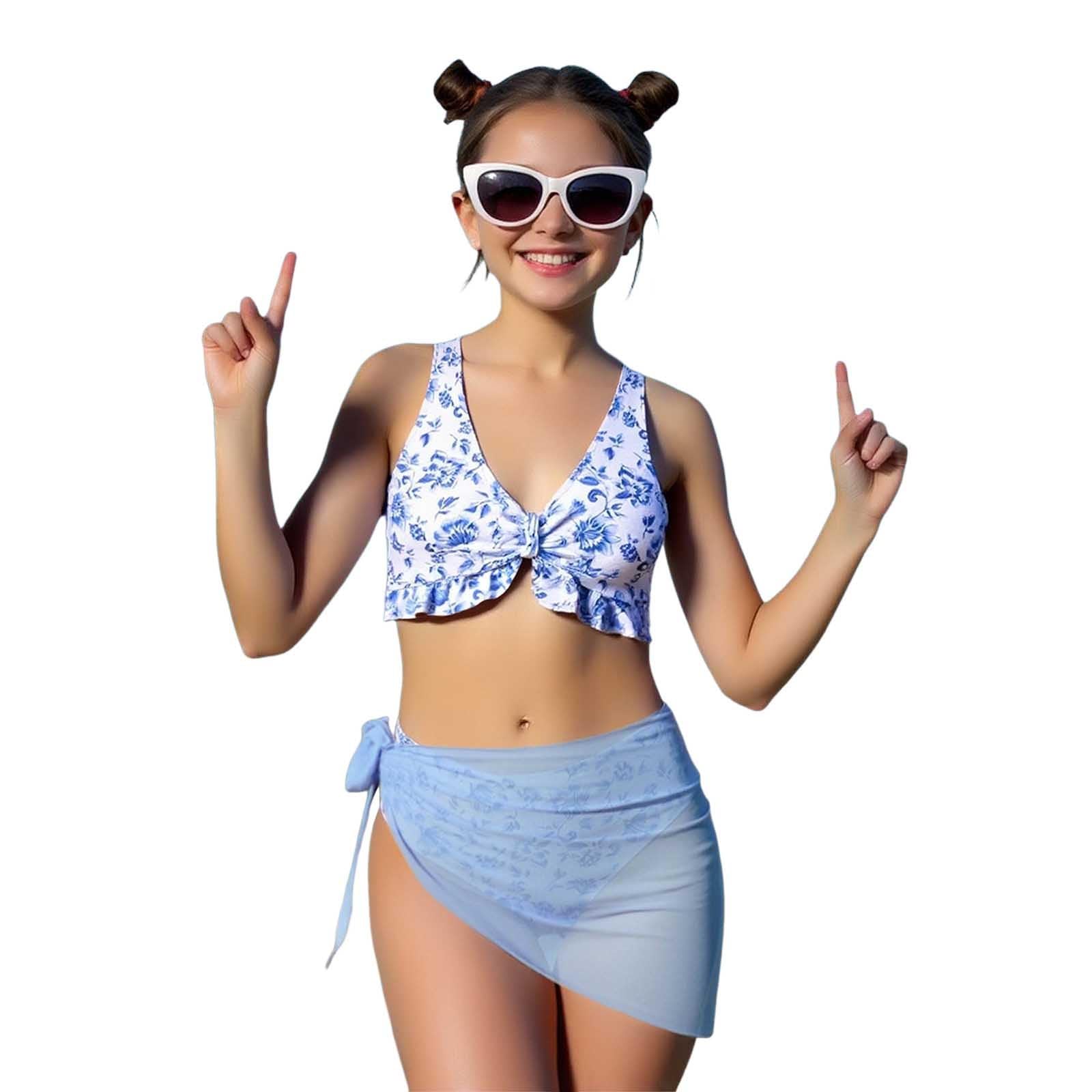 Generisch Juego de bikini de 3 piezas para niña con estampado floral y revestimiento de malla, traje de baño para niños grandes, playa de verano