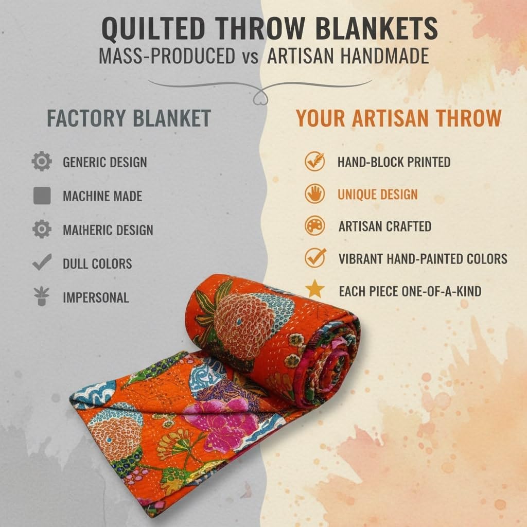Handmade Cotton Kantha Quilt - Reversible Bedspread with Floral & Fruit Pattern, Traditional Indian Gudri, Orange 90x108 inch, Decorative Kantha Stitch, Pure Cotton, Twin/King Size