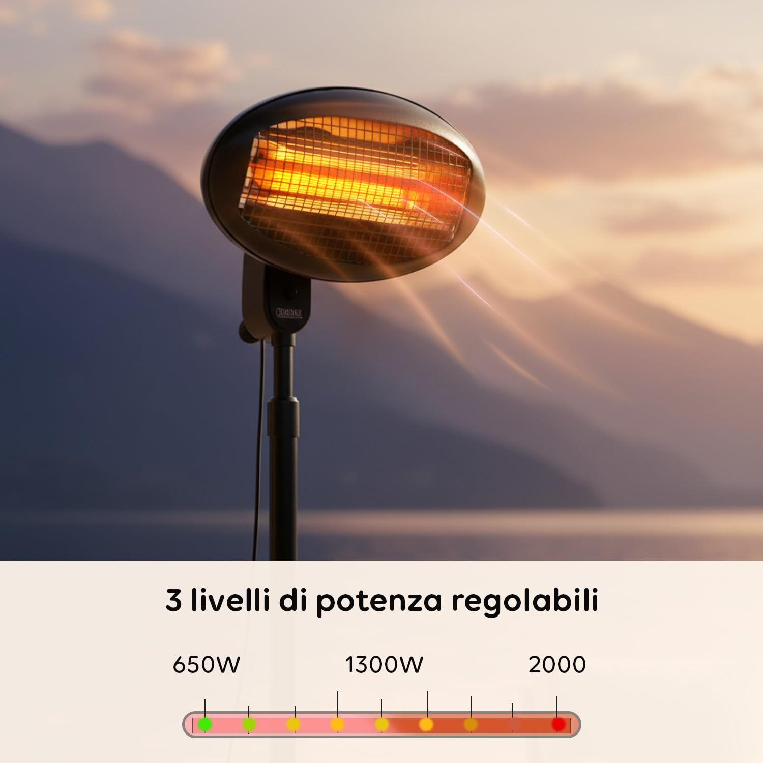 Wintem – Stufa Elettrica da Patio Verticale Ignis con 3 Livelli di Riscaldamento, Altezza Regolabile 130–200 cm, Testa Inclinabile a 45°, Riscaldamento Elettrico a Basso Consumo per Esterni