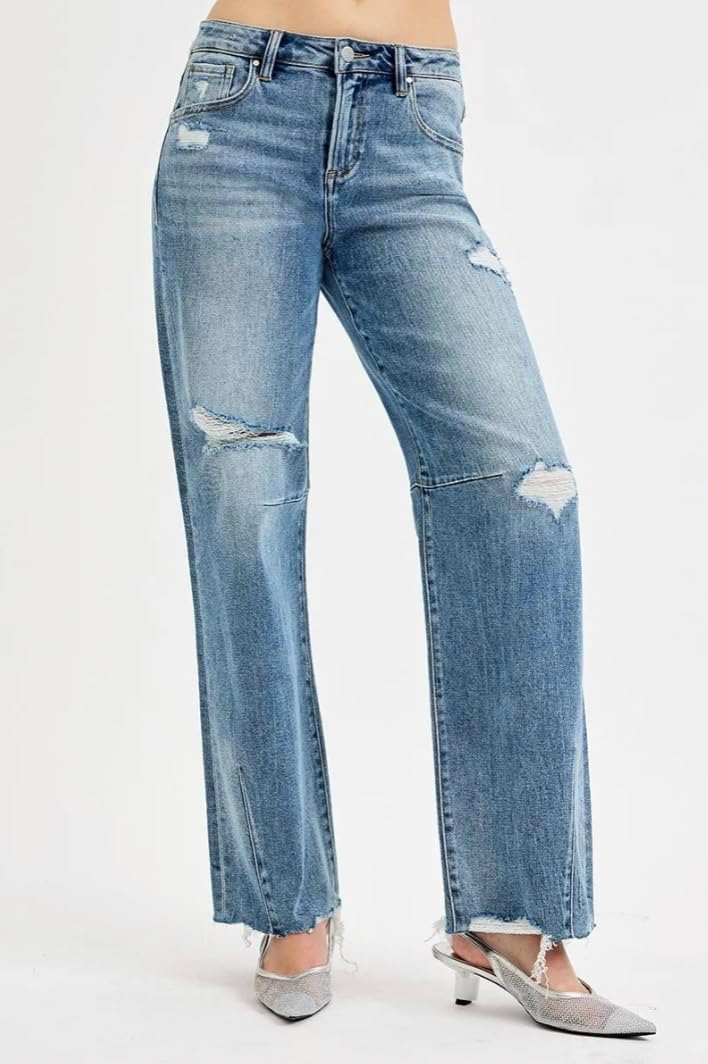 Risen High Rise Wide Baggy Washed Jeans- Ivory Gem
