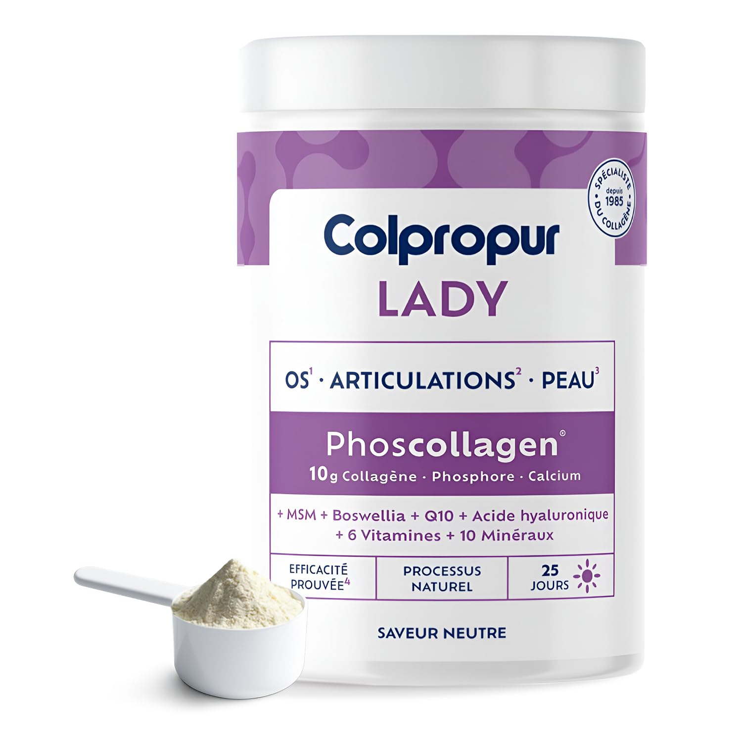 COLLAGENE Poudre Ménopause | 17 Actifs | Peau Os Articulations |sans sucre | Colpropur Lady | Complexe Phoscollagène Exclusif | Saveur Neutre | 25 doses | Anti-âge | sans OGM, sans allergènes